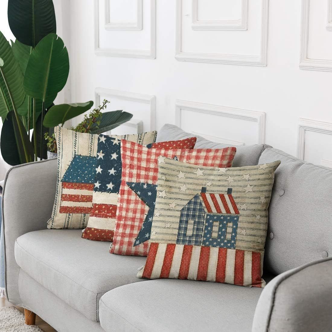 Set of 4 Linen Throw Pillow Covers Day 4Th of July Independence Decorative Pillow Cases