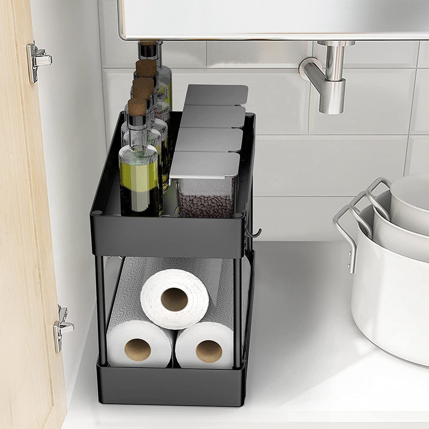 2-Tier Under Sink Shelf Organizer Space Saving Under Bathroom Sink Storage Rack w/ 4 Hooks