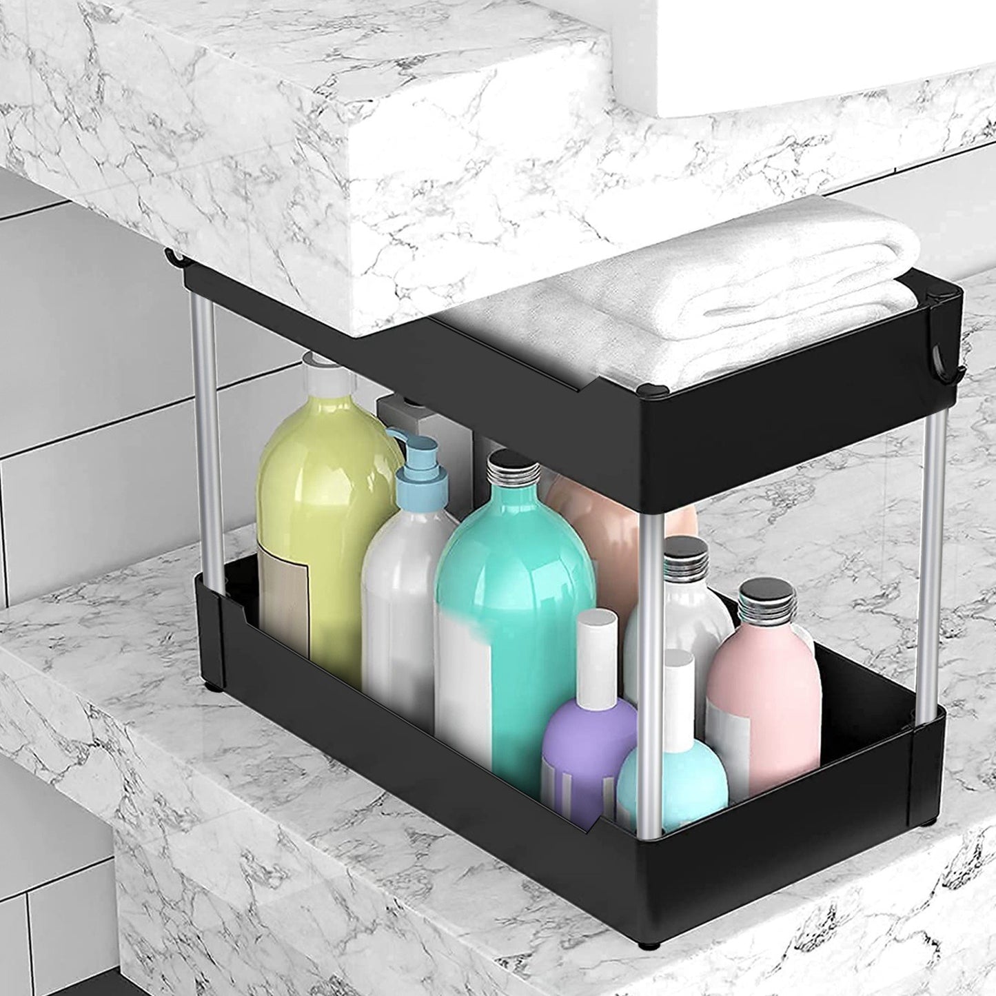 2-Tier Under Sink Shelf Organizer Space Saving Under Bathroom Sink Storage Rack w/ 4 Hooks