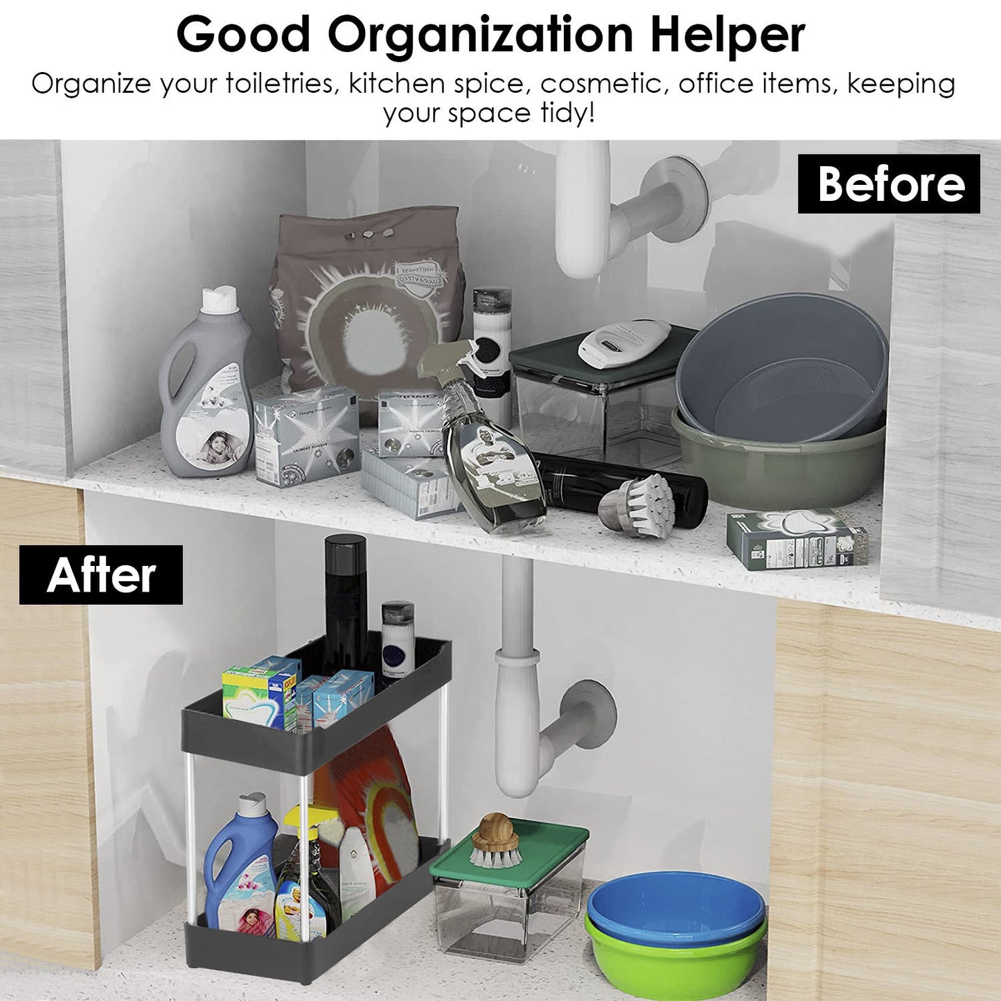 2-Tier Under Sink Shelf Organizer Space Saving Under Bathroom Sink Storage Rack w/ 4 Hooks