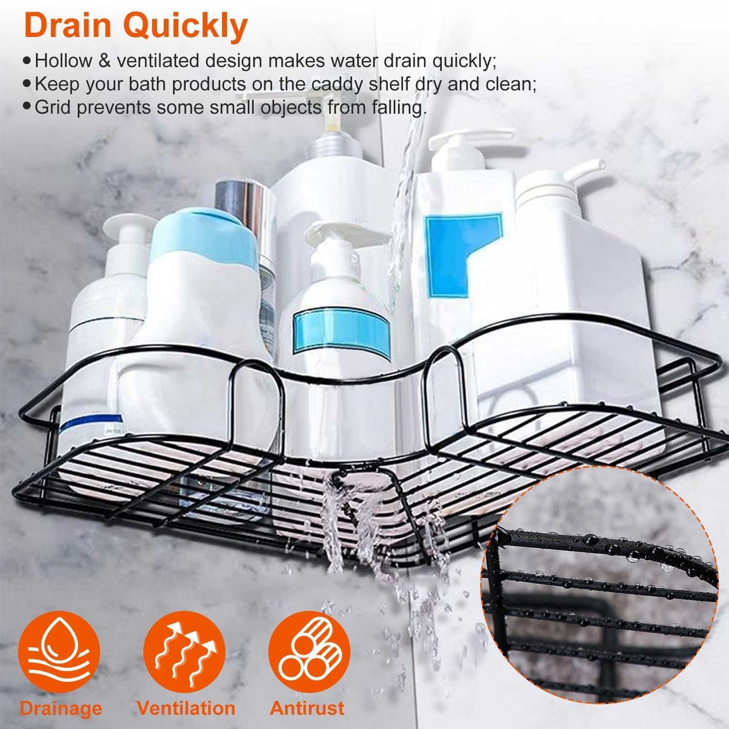 2Pcs Corner Shower Caddy Shelves Wall Mounted Basket Rack Bathroom Shampoo Holder Storage Organizer