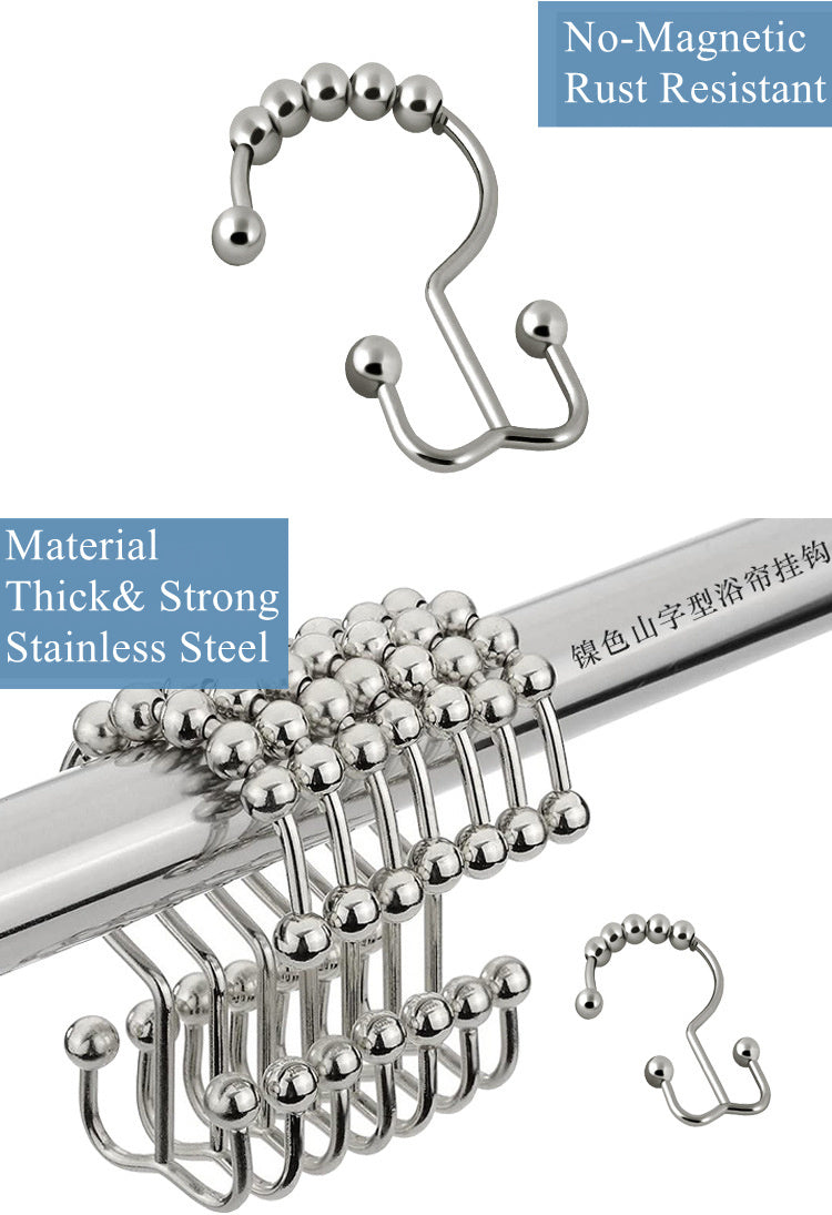 Double Shower Curtain Hooks Stainless Steel Rolling Shower Rings for Curtain Rod, Set of 12Pcs