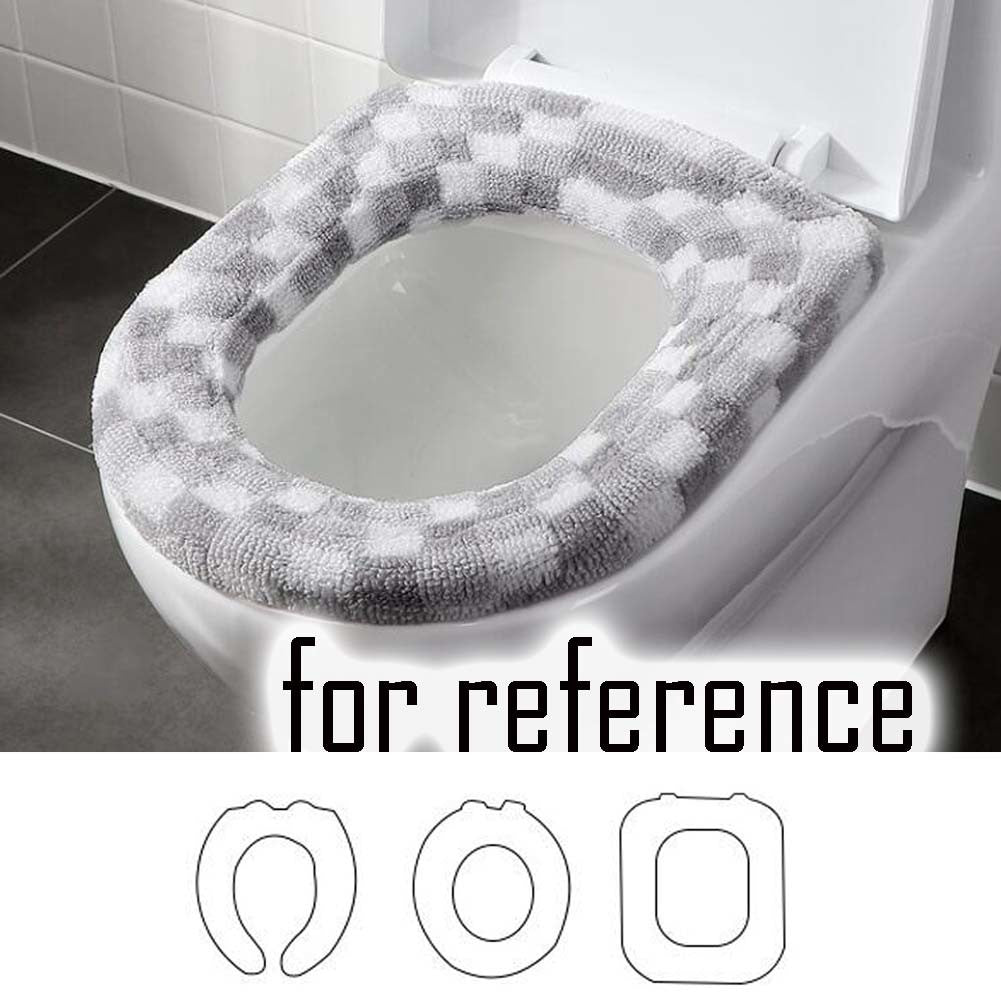 2 Pcs Grey Checkered Toilet Seat Cover Pads Winter Knit Stretchable Toilet Seat Cushion Mat Toilet Seat Warmer