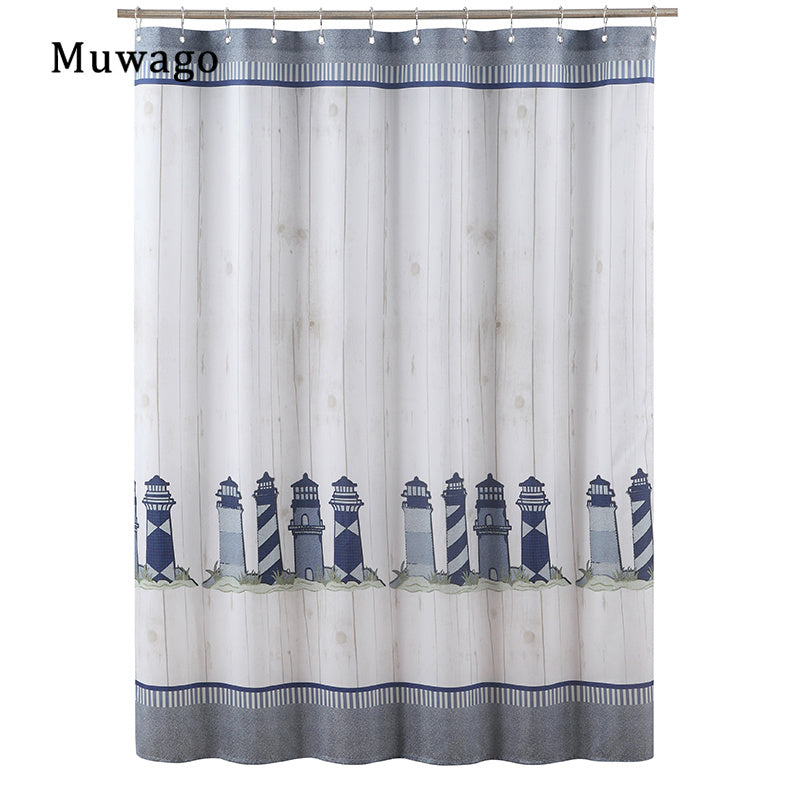 Muwago Luxury Lighthouse Pattern Shower Curtain Stain Resistant Perforation-Free Mildew-Proofing Durable For Bathroom Decoration