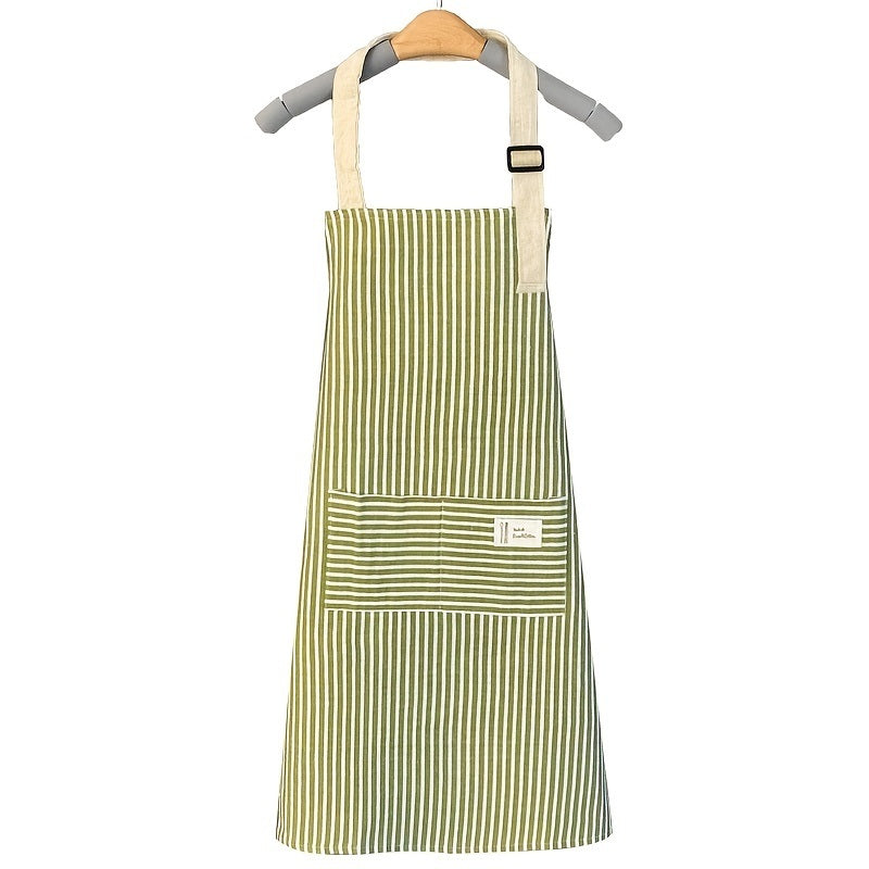 1pc Adjustable Kitchen Cooking Apron Cotton And Linen Machine Washable With 2 Pockets