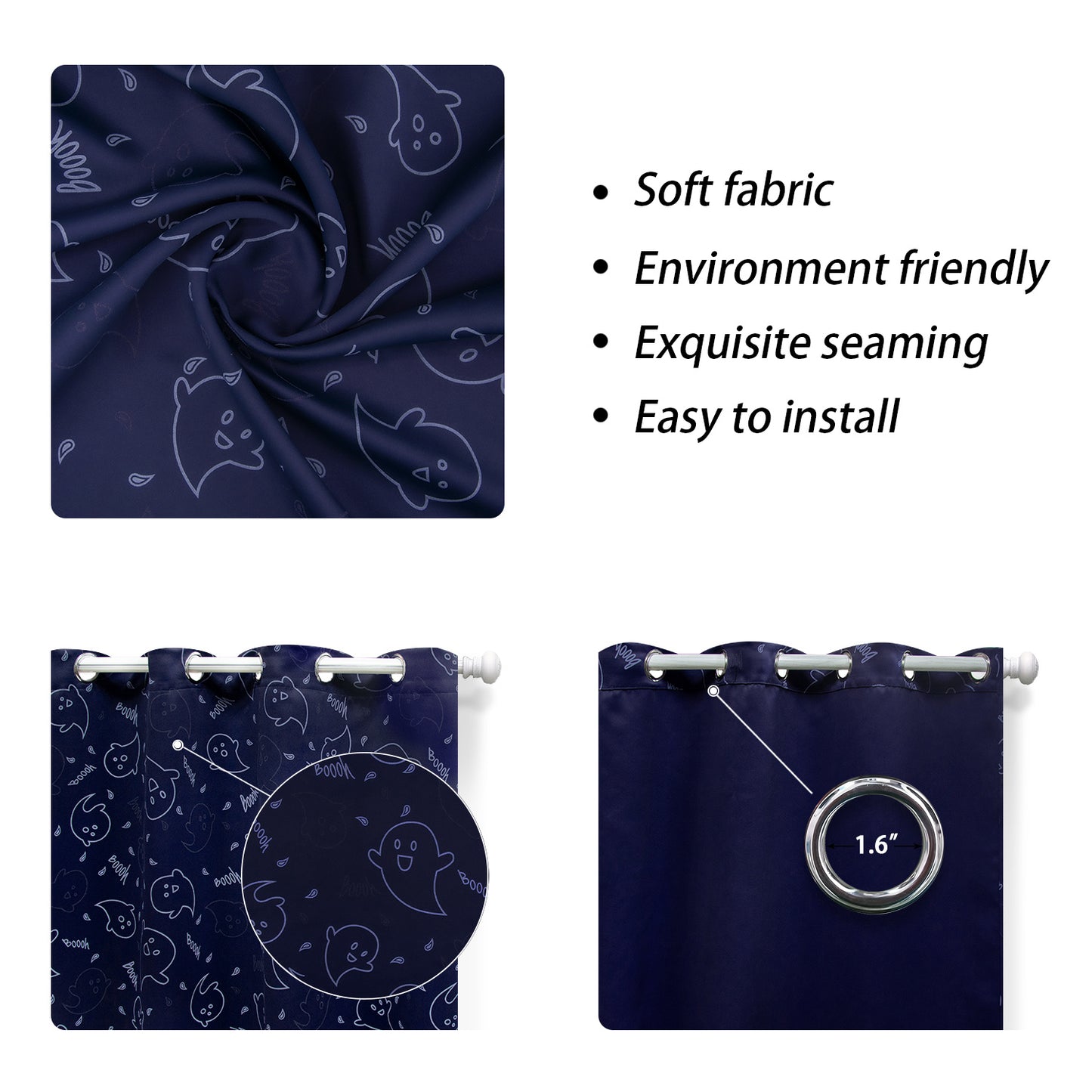 Muwago Ghost Demon Dark Blue Blackout Curtains Luminous Glow in The Dark Themed Grommet Thermal Insulated Curtains Bedroom and Living Room Window Treatment