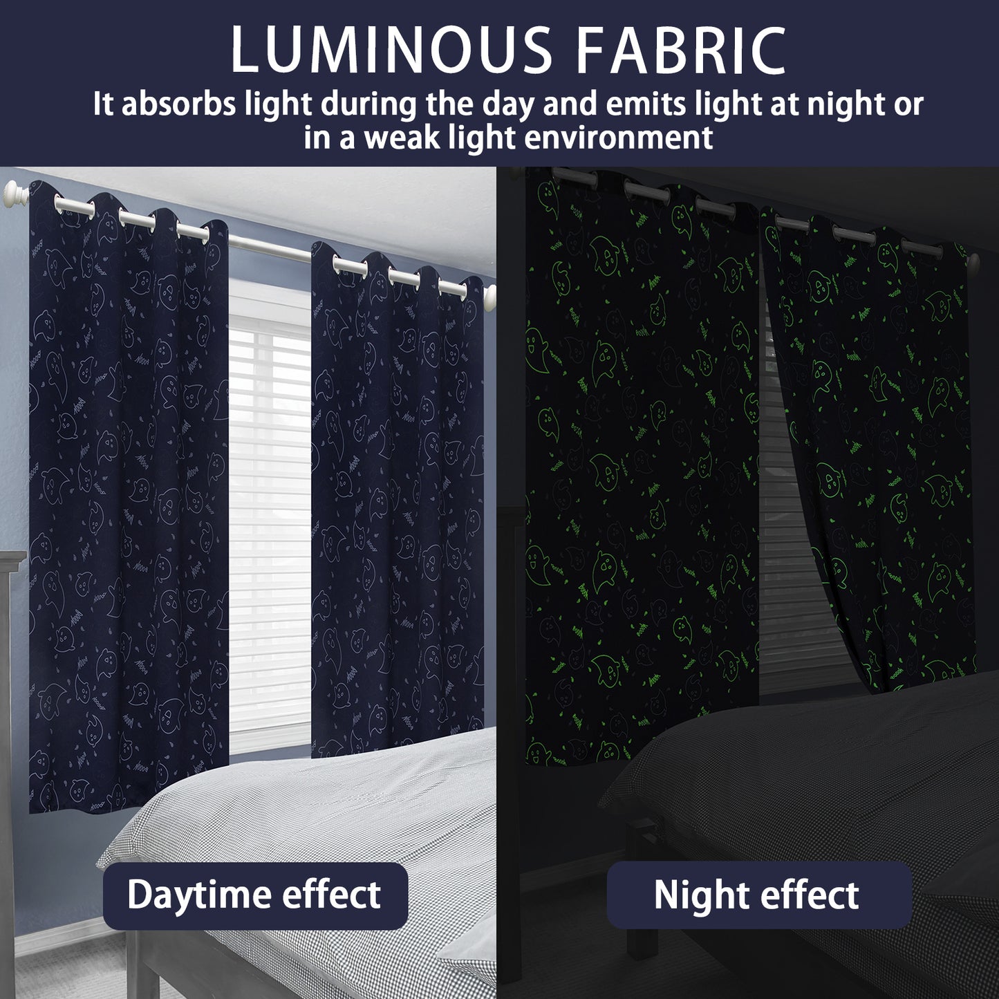 Muwago Ghost Demon Dark Blue Blackout Curtains Luminous Glow in The Dark Themed Grommet Thermal Insulated Curtains Bedroom and Living Room Window Treatment