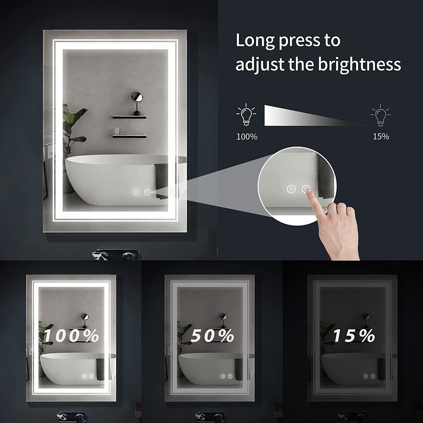 32*24 LED Lighted Bathroom Wall Mounted Mirror with High Lumen+Anti-Fog Separately Control+Dimmer Function