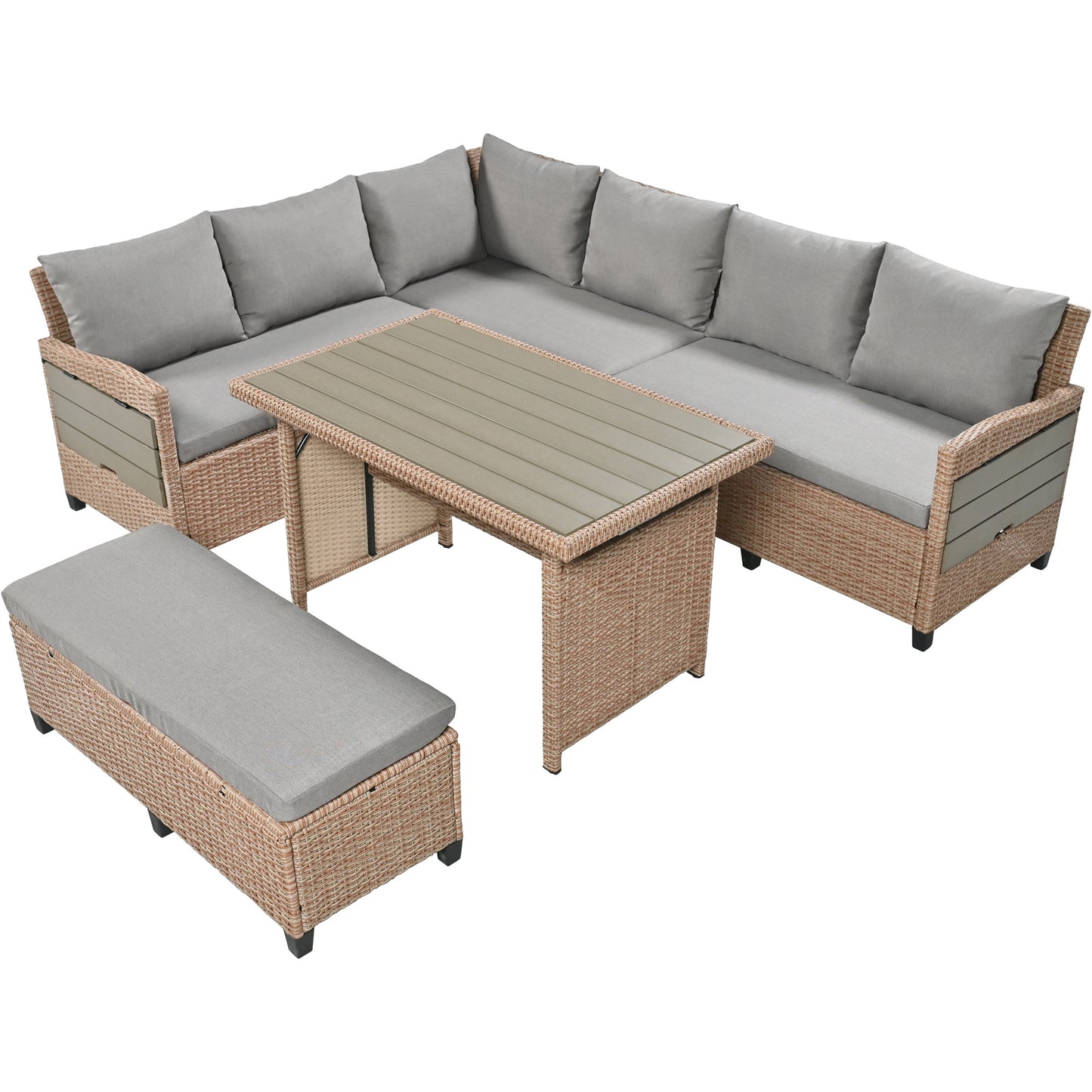 5-Piece Outdoor Patio Rattan Sofa Set; Sectional PE Wicker L-Shaped Garden Furniture Set with 2 Extendable Side Tables; Dining Table and Washable Covers for Backyard; Poolside; Indoor; Brown