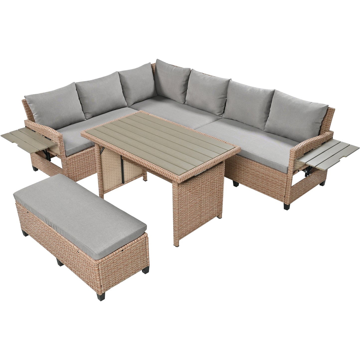 5-Piece Outdoor Patio Rattan Sofa Set; Sectional PE Wicker L-Shaped Garden Furniture Set with 2 Extendable Side Tables; Dining Table and Washable Covers for Backyard; Poolside; Indoor; Brown