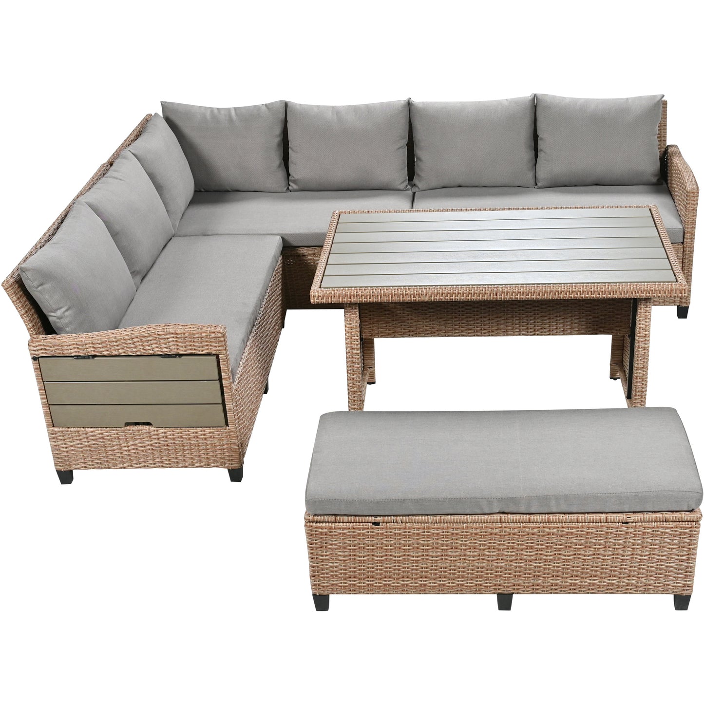 5-Piece Outdoor Patio Rattan Sofa Set; Sectional PE Wicker L-Shaped Garden Furniture Set with 2 Extendable Side Tables; Dining Table and Washable Covers for Backyard; Poolside; Indoor; Brown