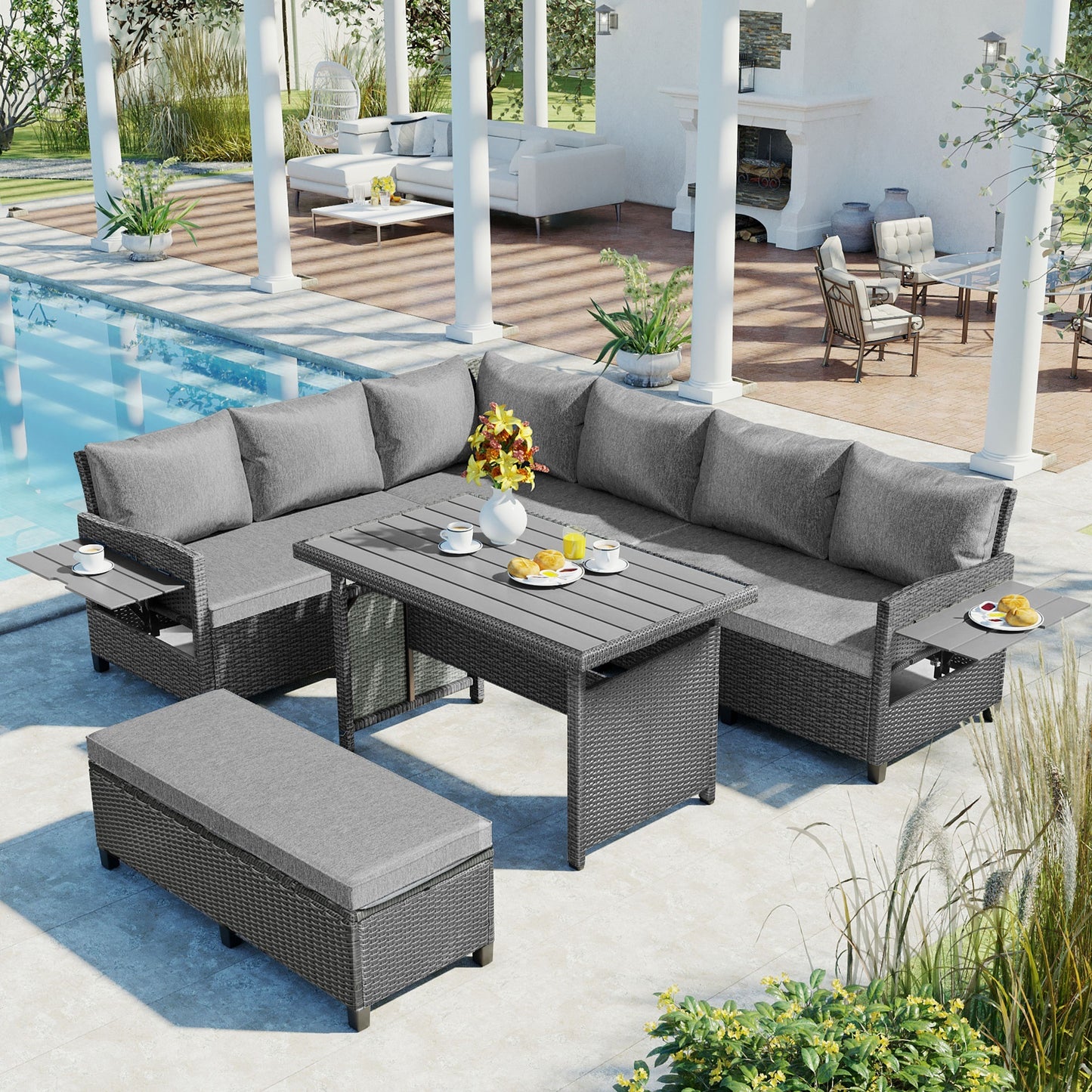 5-Piece Outdoor Patio Rattan Sofa Set; Sectional PE Wicker L-Shaped Garden Furniture Set with 2 Extendable Side Tables; Dining Table and Washable Covers for Backyard; Poolside; Indoor; Brown