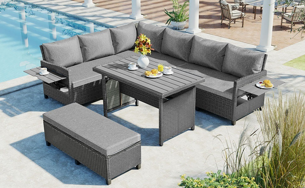 5-Piece Outdoor Patio Rattan Sofa Set; Sectional PE Wicker L-Shaped Garden Furniture Set with 2 Extendable Side Tables; Dining Table and Washable Covers for Backyard; Poolside; Indoor; Brown