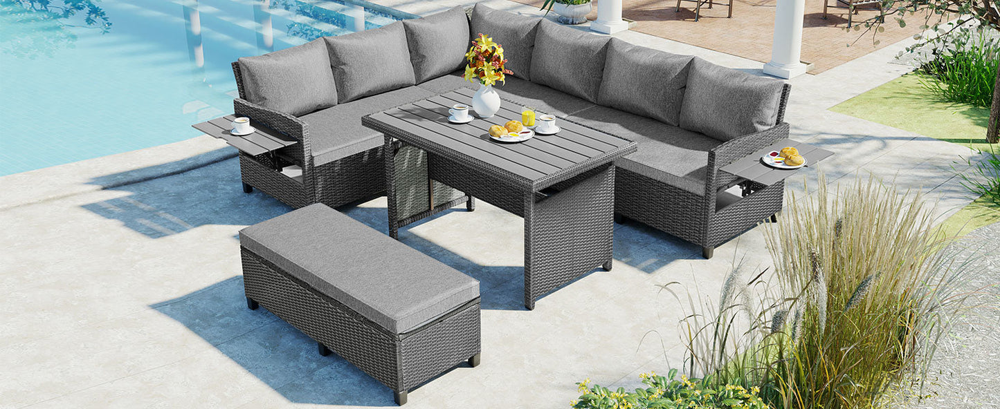 5-Piece Outdoor Patio Rattan Sofa Set; Sectional PE Wicker L-Shaped Garden Furniture Set with 2 Extendable Side Tables; Dining Table and Washable Covers for Backyard; Poolside; Indoor; Brown