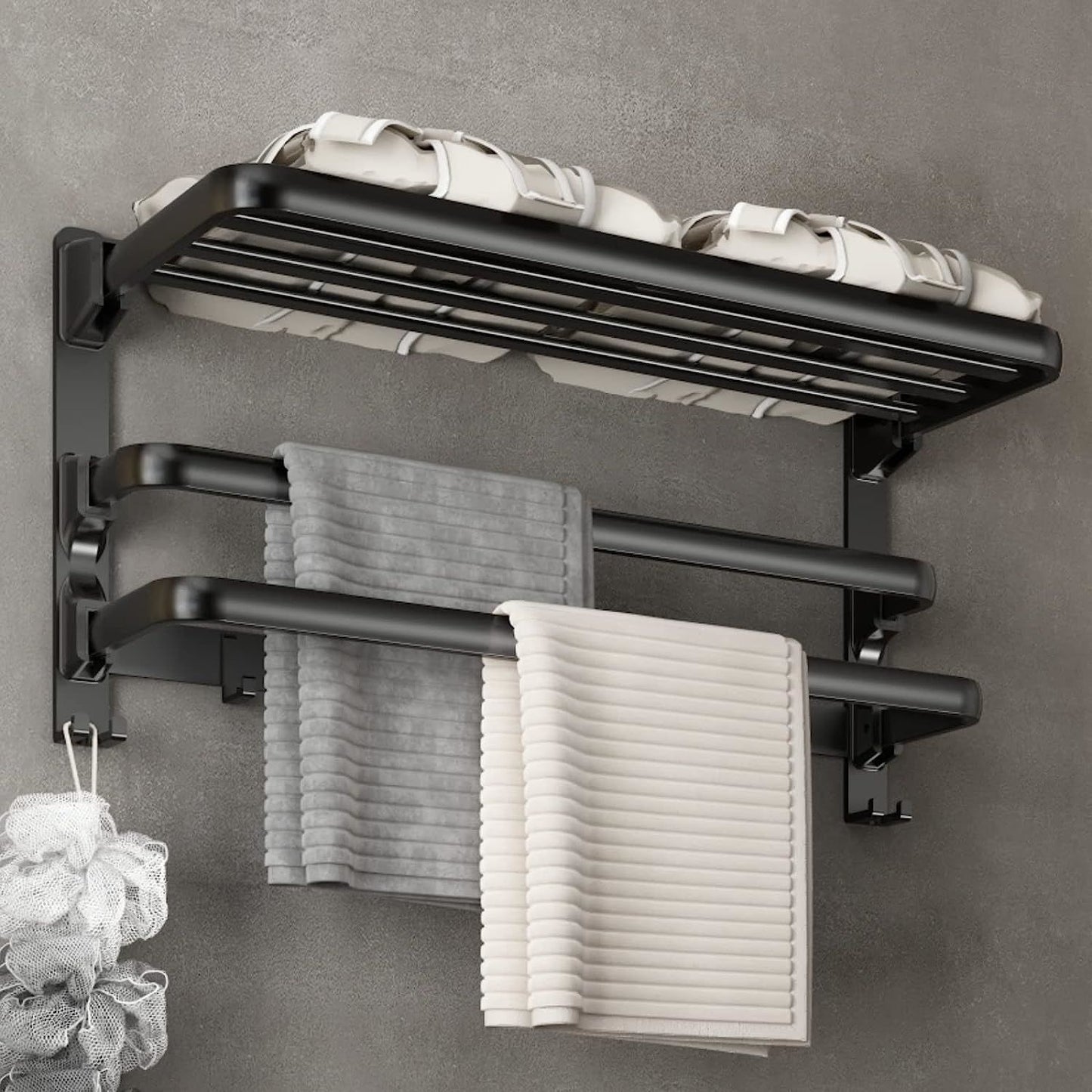 Towel Racks for Bathroom, 24-Inch Towel Shelf with Towel Bar Foldable Towel Holder with 7 Hooks Towel Storage Organizer for Bathroom & Lavatory Wall Mounted