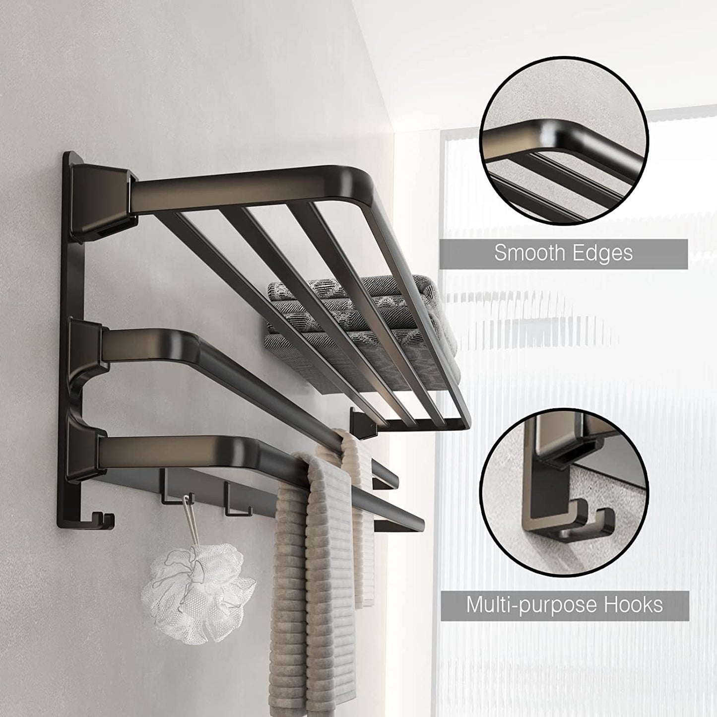 Towel Racks for Bathroom, 24-Inch Towel Shelf with Towel Bar Foldable Towel Holder with 7 Hooks Towel Storage Organizer for Bathroom & Lavatory Wall Mounted