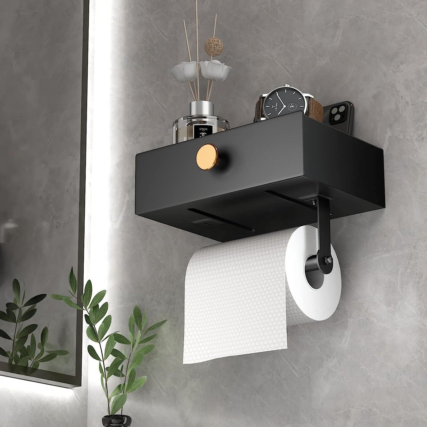 Toilet Paper Holder with Shelf Black Wipes Dispenser for Bathroom Stainless Steel Toilet Paper Holder with Storage Drawer Adhesive Wall Mount Small Bathroom