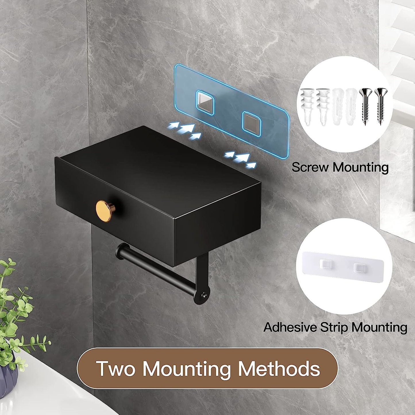 Toilet Paper Holder with Shelf Black Wipes Dispenser for Bathroom Stainless Steel Toilet Paper Holder with Storage Drawer Adhesive Wall Mount Small Bathroom