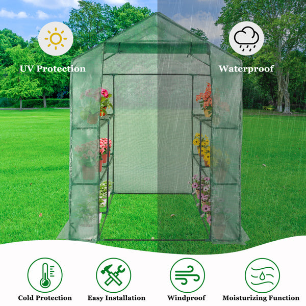 143x143x195cm Black Iron Pipe Steeple With 8 Pieces Grid Flower Stand With Zipper Rolling Door PE Cloth Greenhouse