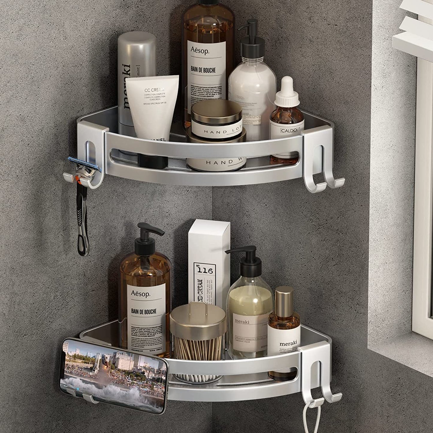 Shower Corner Shelf Caddy 2 Pack shower Organizer Corner No Drill Shower Storage Rust Proof Bathroom Corner Wall Shelf shampoo holder Silver