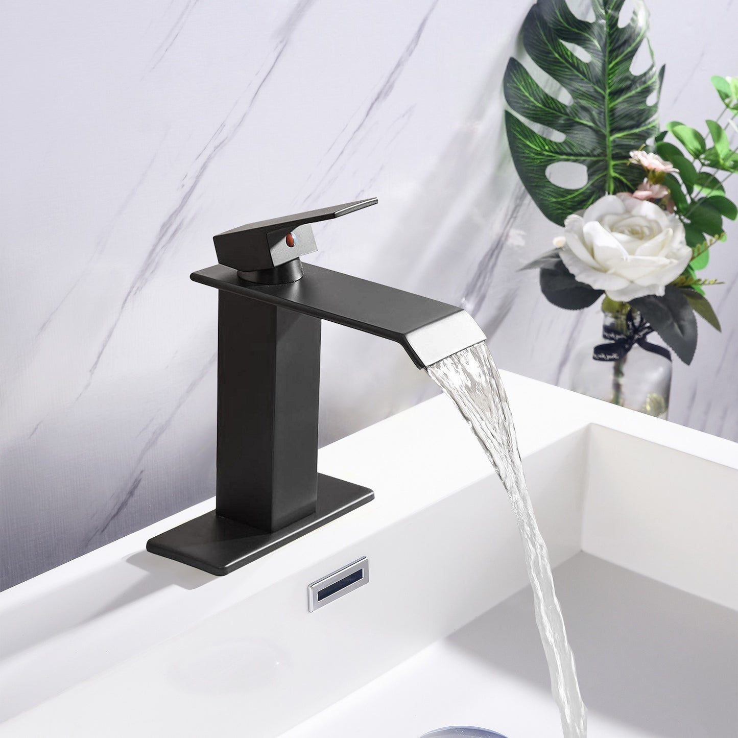 Waterfall Spout Bathroom Faucet; Single Handle Bathroom Vanity Sink Faucet