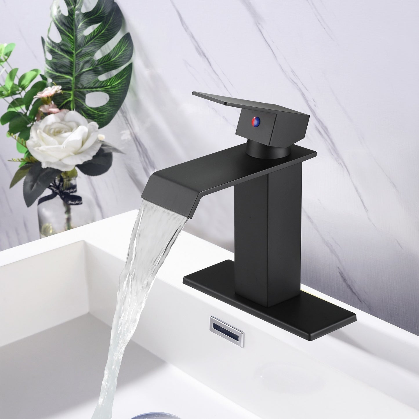 Waterfall Spout Bathroom Faucet; Single Handle Bathroom Vanity Sink Faucet