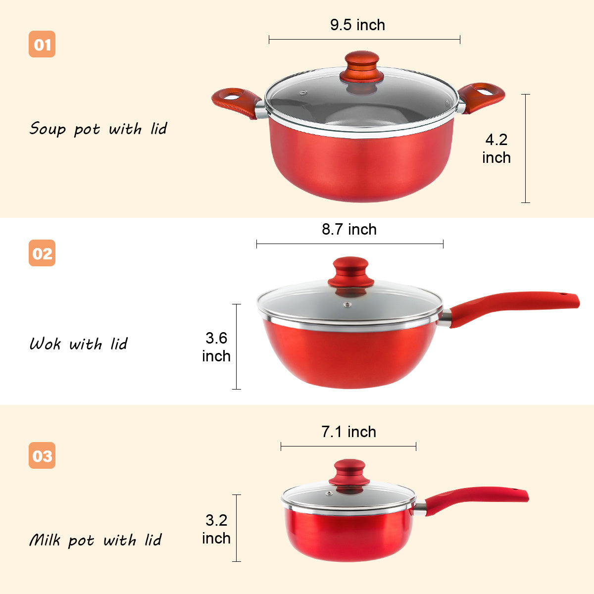 Nonstick Pot and Pan Set-Wok, Soup, Milk Pot Set RED