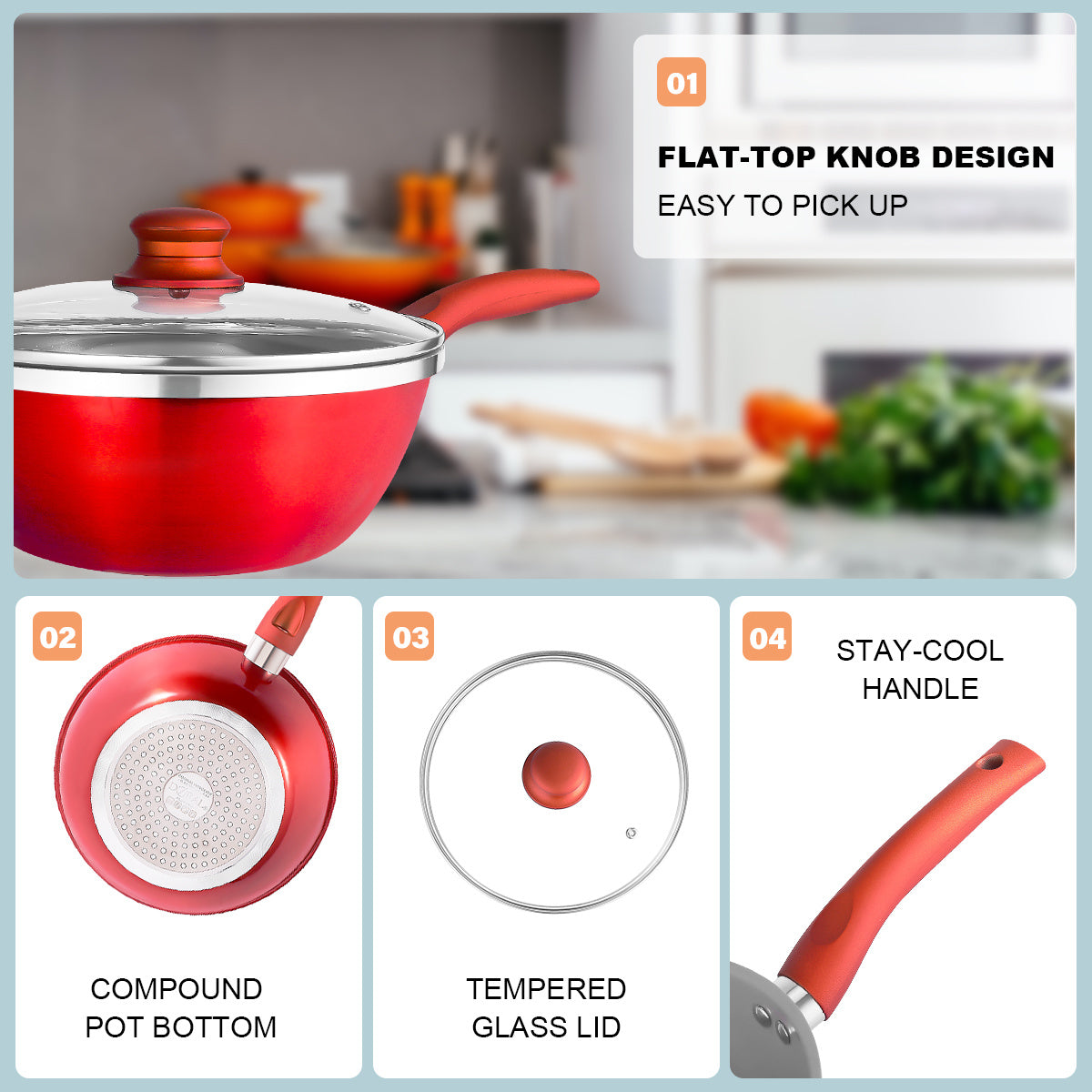 Nonstick Pot and Pan Set-Wok, Soup, Milk Pot Set RED