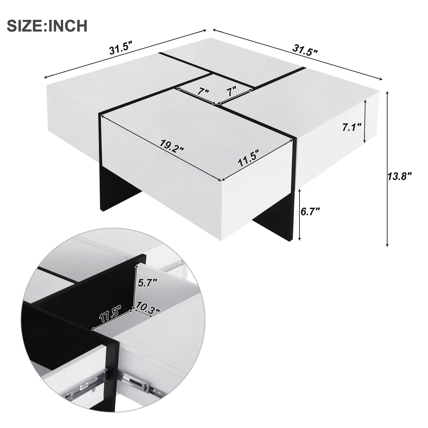 ON-TREND Unique Design Coffee Table with 4 Hidden Storage Compartments, Square Cocktail Table with Extendable Sliding Tabletop, UV High-gloss Design Center Table for Living Room, 31.5"x 31.5"