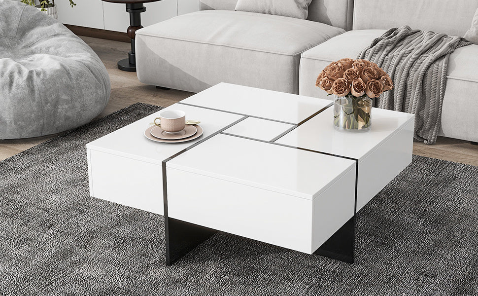 ON-TREND Unique Design Coffee Table with 4 Hidden Storage Compartments, Square Cocktail Table with Extendable Sliding Tabletop, UV High-gloss Design Center Table for Living Room, 31.5"x 31.5"