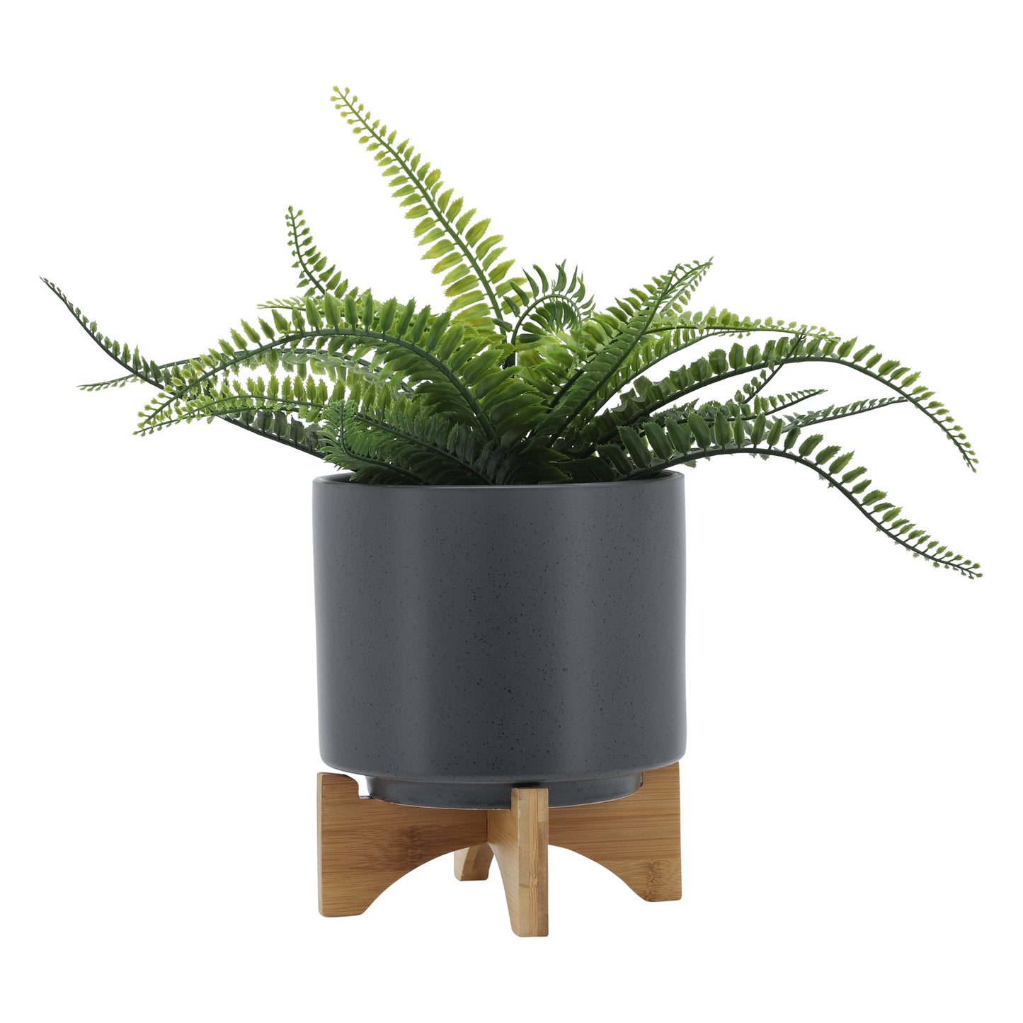 8" PLANTER W/ WOOD STAND, MATTE GRAY