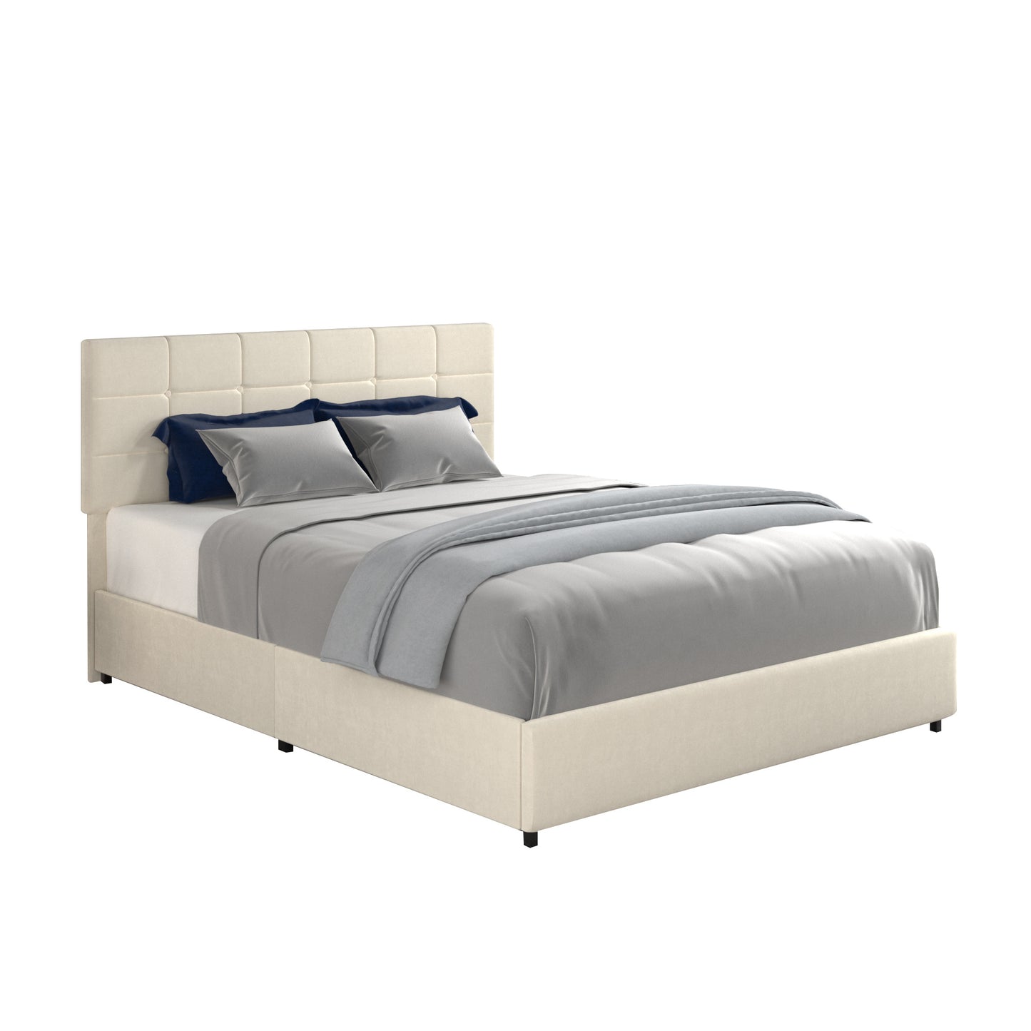 Vera Queen Size Ivory Velvet Upholstered Platform Bed with Patented 4 Drawers Storage, Square Stitched Button Tufted Headboard, Wooden Slat Mattress Support No Box Spring Required