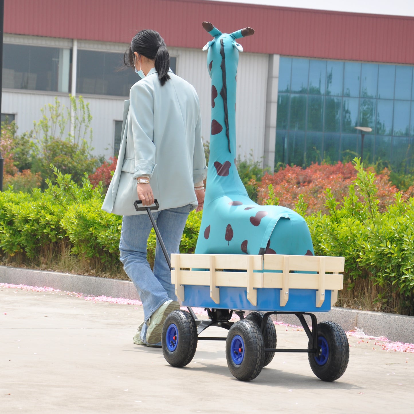 Outdoor Wagon All Terrain Pulling Wood Railing Air Tires Garden Cart