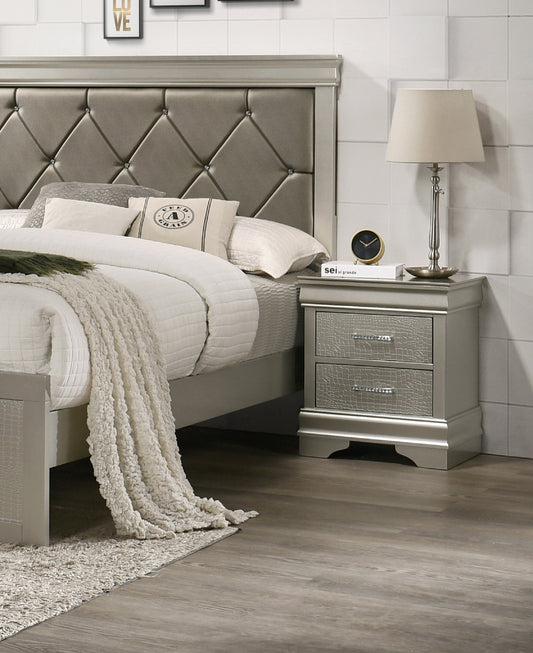 1pc Modern Glam Style Two Drawers Nightstand Champagne Finish Solid Wood Crystal-Like Diamond Tufted Crocodile Texture Bedroom Furniture