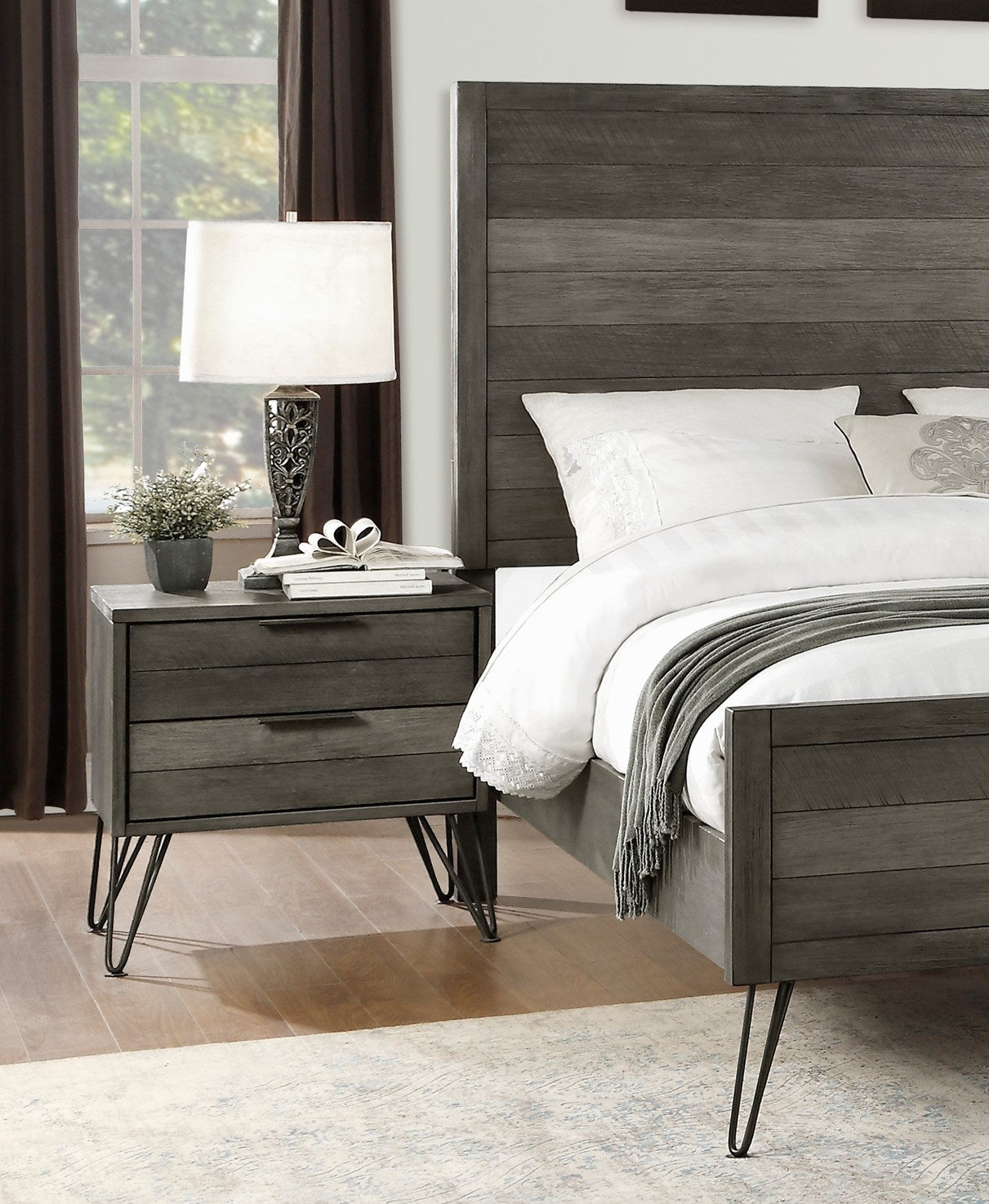 Contemporary Three-Tone Gray Finish Nightstand Perched atop Metal Legs Acacia Veneer Modern Bedroom Furniture