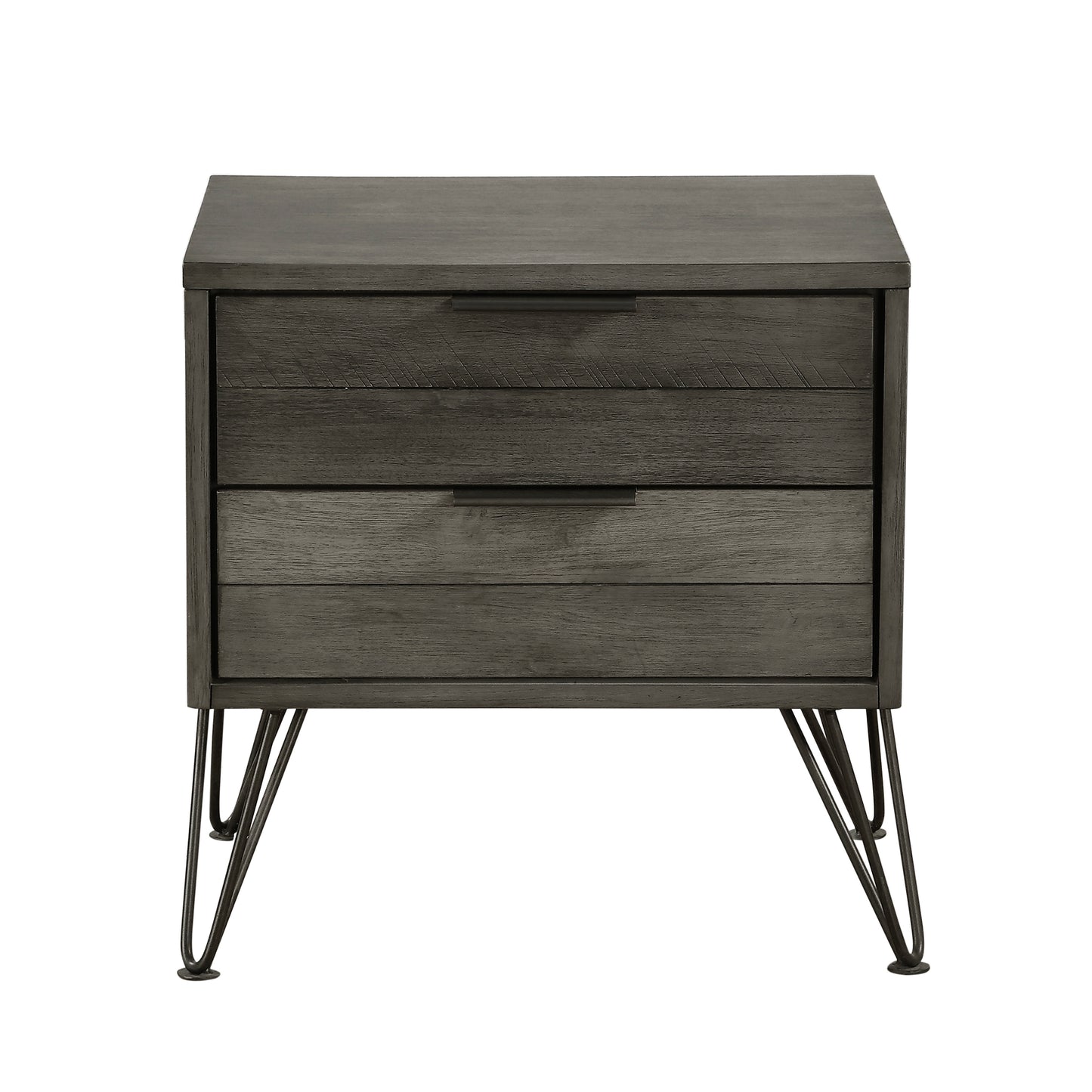 Contemporary Three-Tone Gray Finish Nightstand Perched atop Metal Legs Acacia Veneer Modern Bedroom Furniture