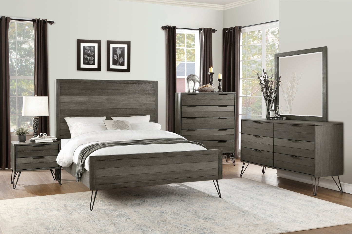 Contemporary Three-Tone Gray Finish Nightstand Perched atop Metal Legs Acacia Veneer Modern Bedroom Furniture