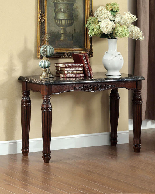 Traditional Espresso Solid wood Sofa Table Faux Marble Top Intricate design Living Room Furniture