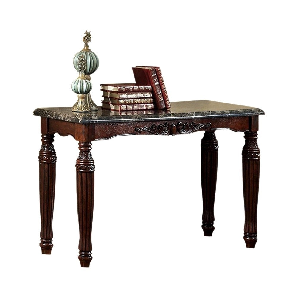 Traditional Espresso Solid wood Sofa Table Faux Marble Top Intricate design Living Room Furniture