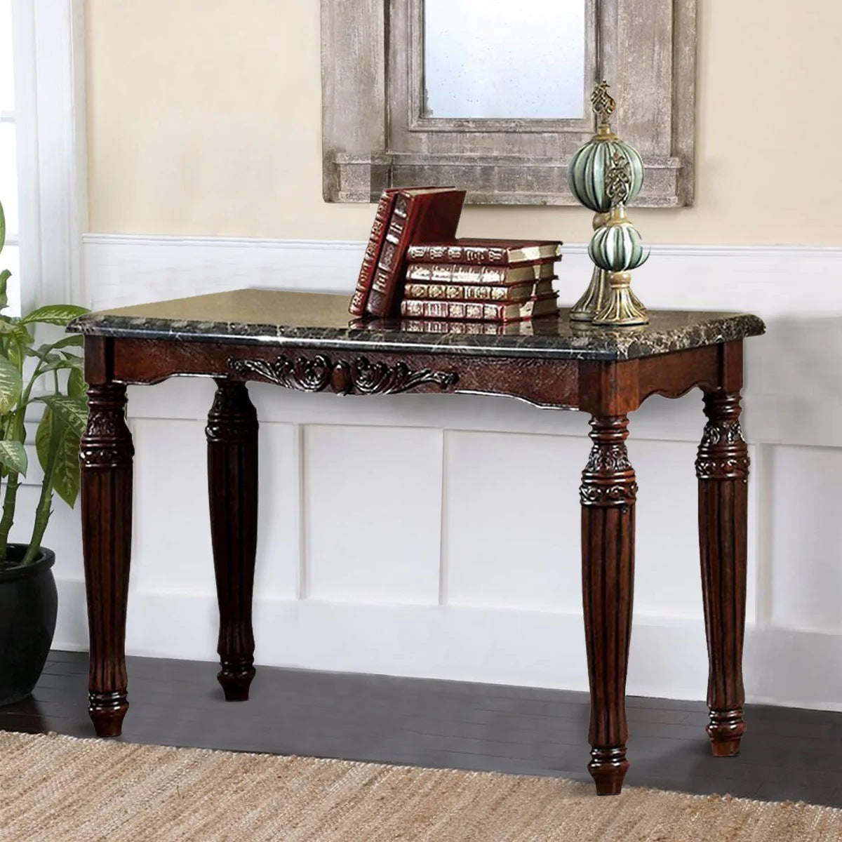 Traditional Espresso Solid wood Sofa Table Faux Marble Top Intricate design Living Room Furniture