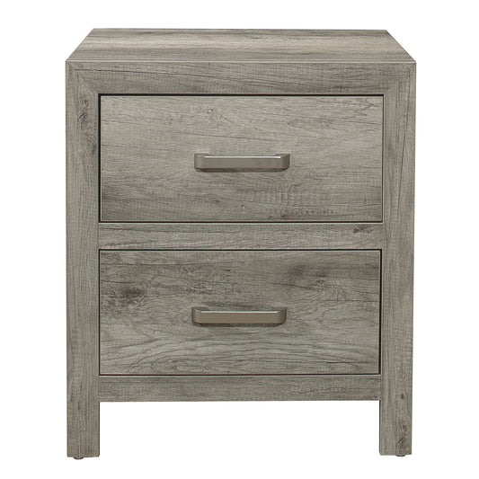 Transitional Aesthetic Bedroom Nightstand Faux Wood Veneer Weathered Gray Finish Nickel Hardware Bed Side Table