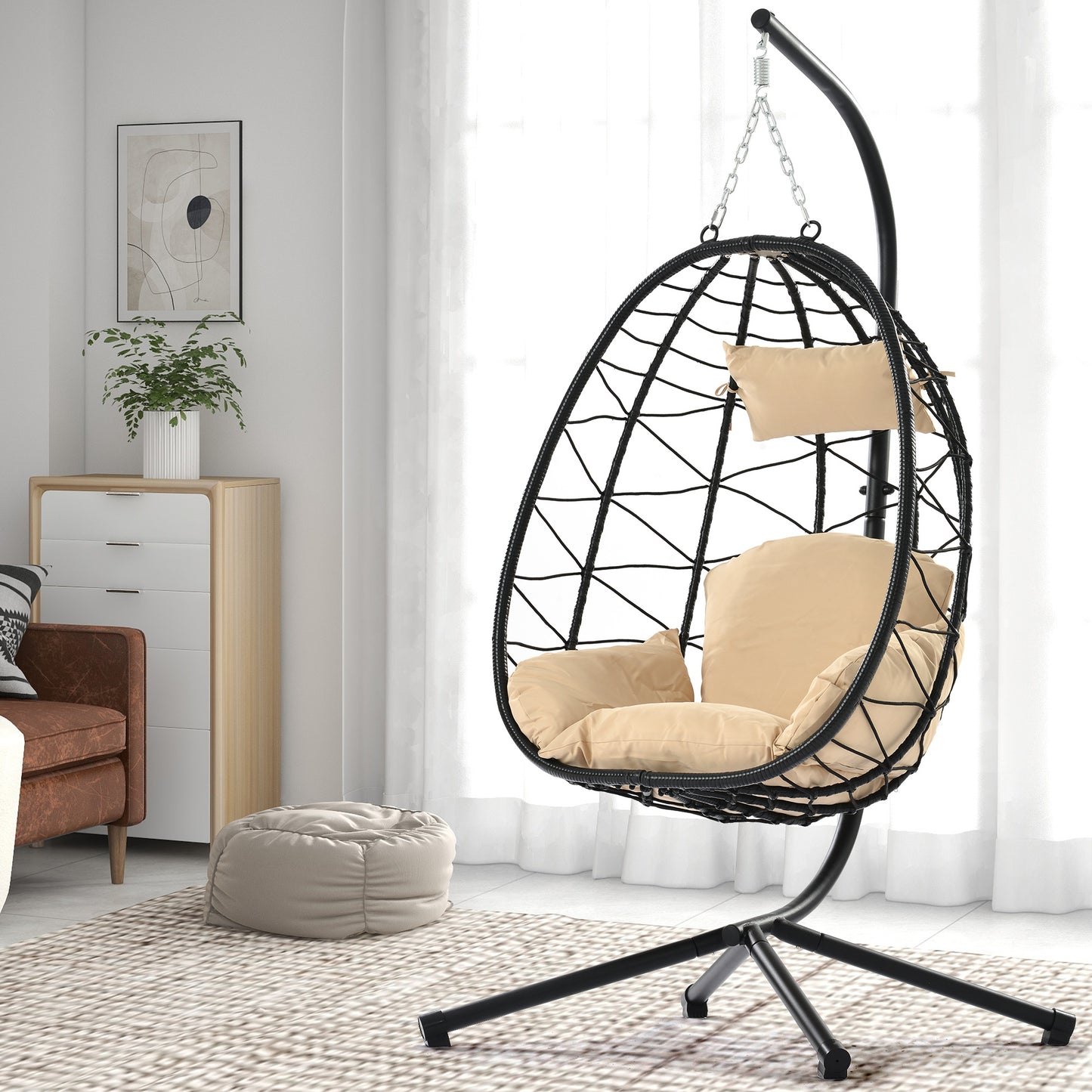 Egg Chair with Stand Indoor Outdoor Swing Chair Patio Wicker Hanging Egg Chair Hanging Basket Chair Hammock Chair with Stand for Bedroom Living Room Balcony