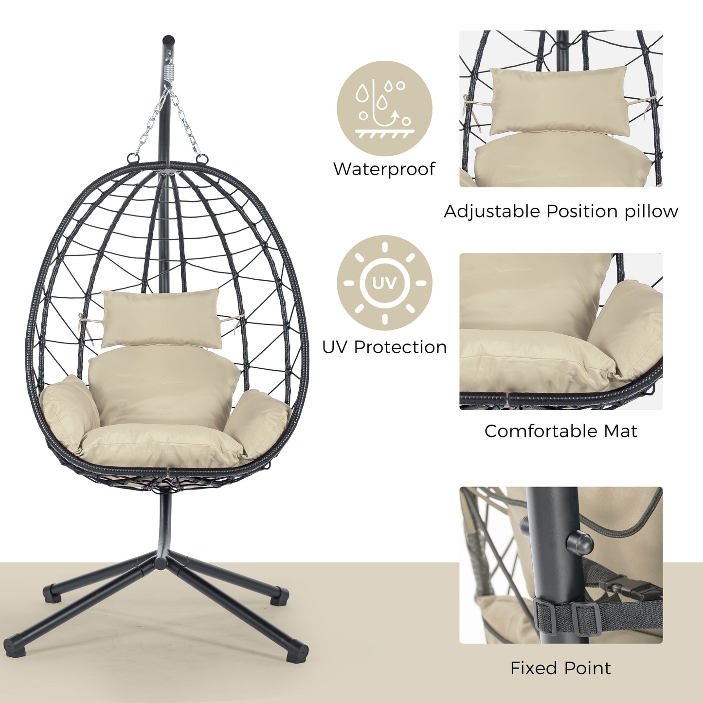 Egg Chair with Stand Indoor Outdoor Swing Chair Patio Wicker Hanging Egg Chair Hanging Basket Chair Hammock Chair with Stand for Bedroom Living Room Balcony