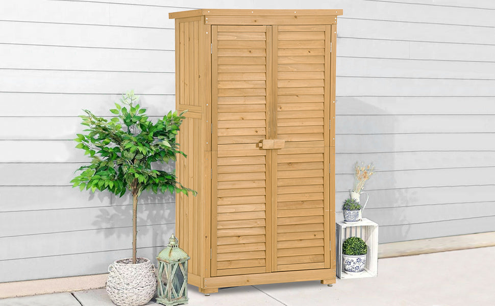 TOPMAX Wooden Garden Shed 3-tier Patio Storage Cabinet Outdoor Organizer Wooden Lockers with Fir Wood (Natural Wood Color -Shutter Design)