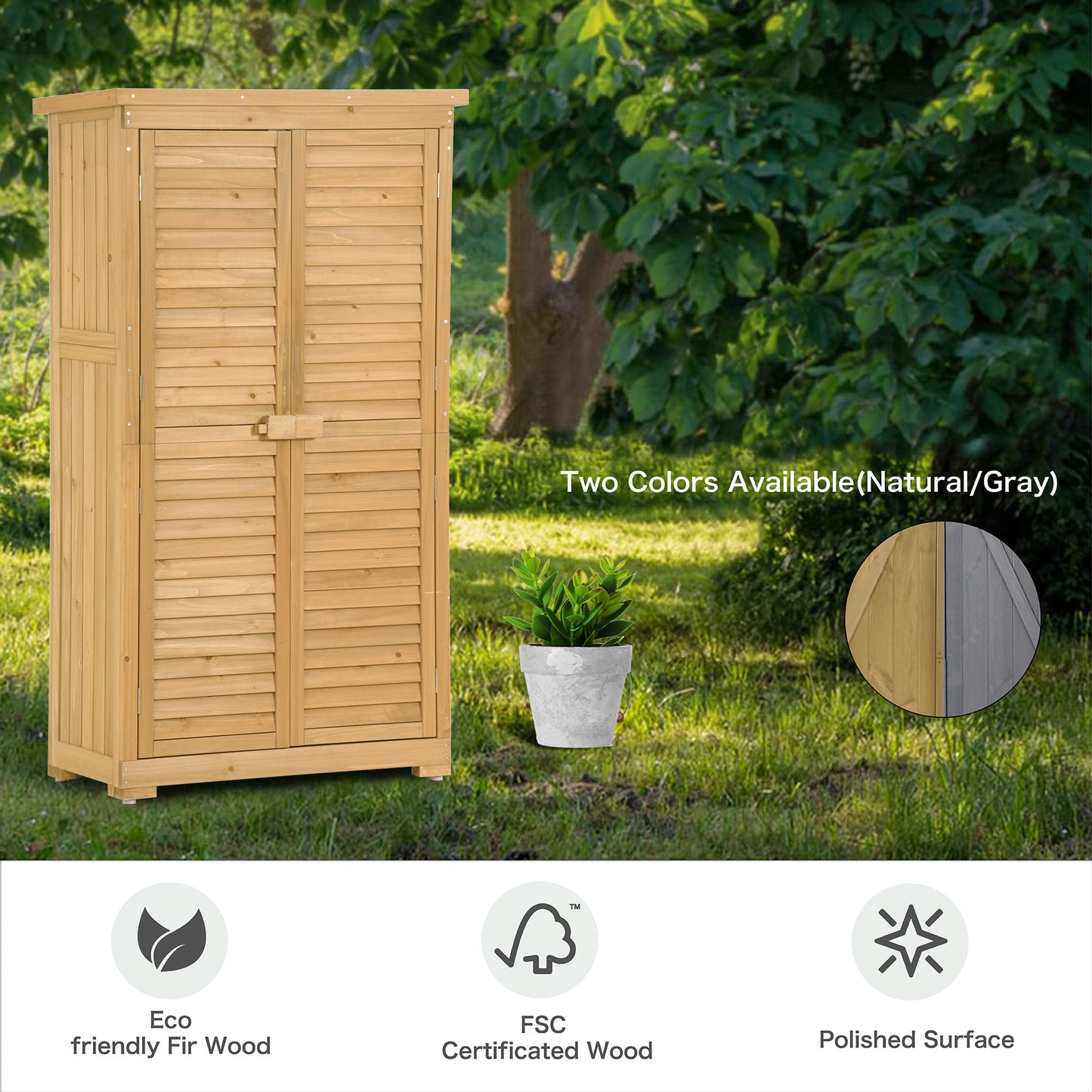 TOPMAX Wooden Garden Shed 3-tier Patio Storage Cabinet Outdoor Organizer Wooden Lockers with Fir Wood (Natural Wood Color -Shutter Design)