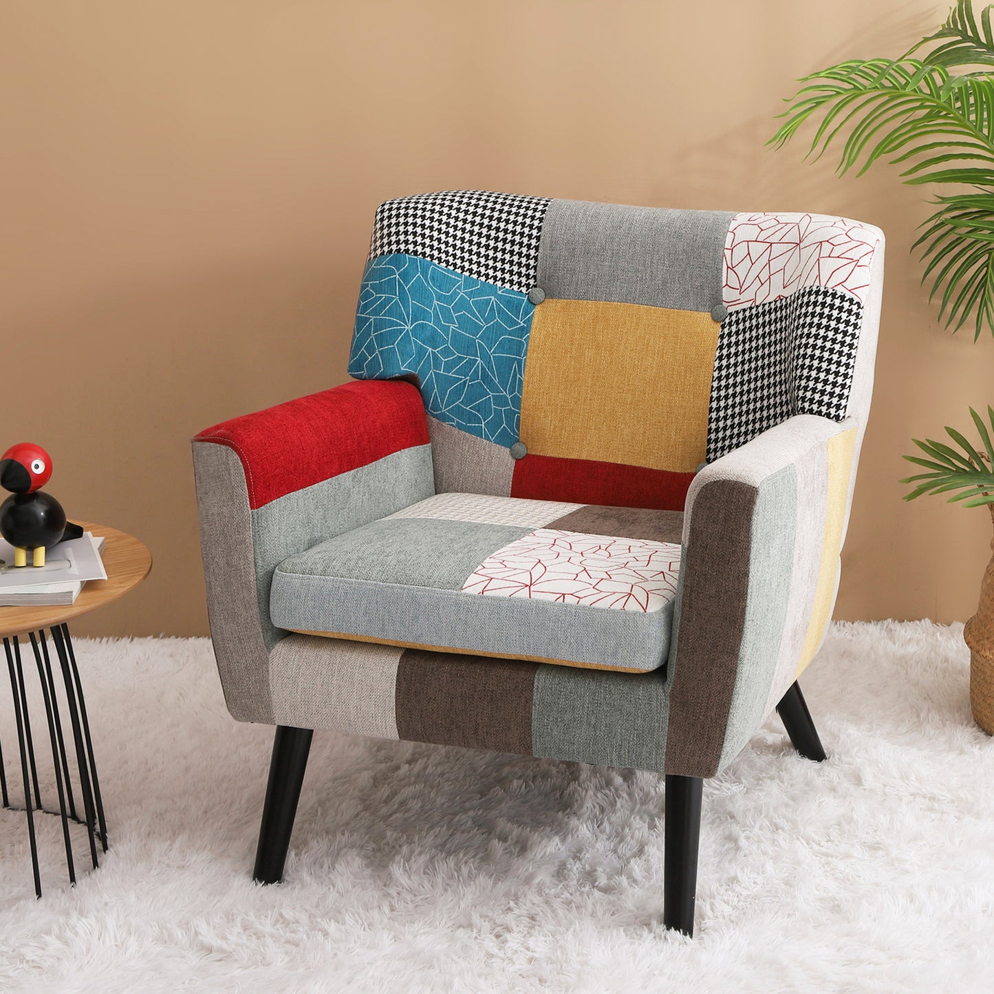 Patchwork Accent Chair;  Mid Century Modern Fabric Club Chair for Bedroom Comfy;  Colourful Single Sofa Chair for Livingroom;  Bedroom;  Office;  Study and Reading Room