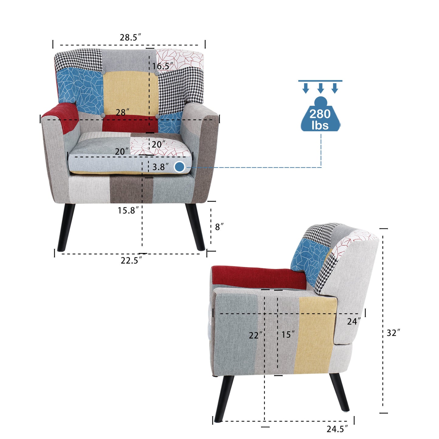 Patchwork Accent Chair;  Mid Century Modern Fabric Club Chair for Bedroom Comfy;  Colourful Single Sofa Chair for Livingroom;  Bedroom;  Office;  Study and Reading Room