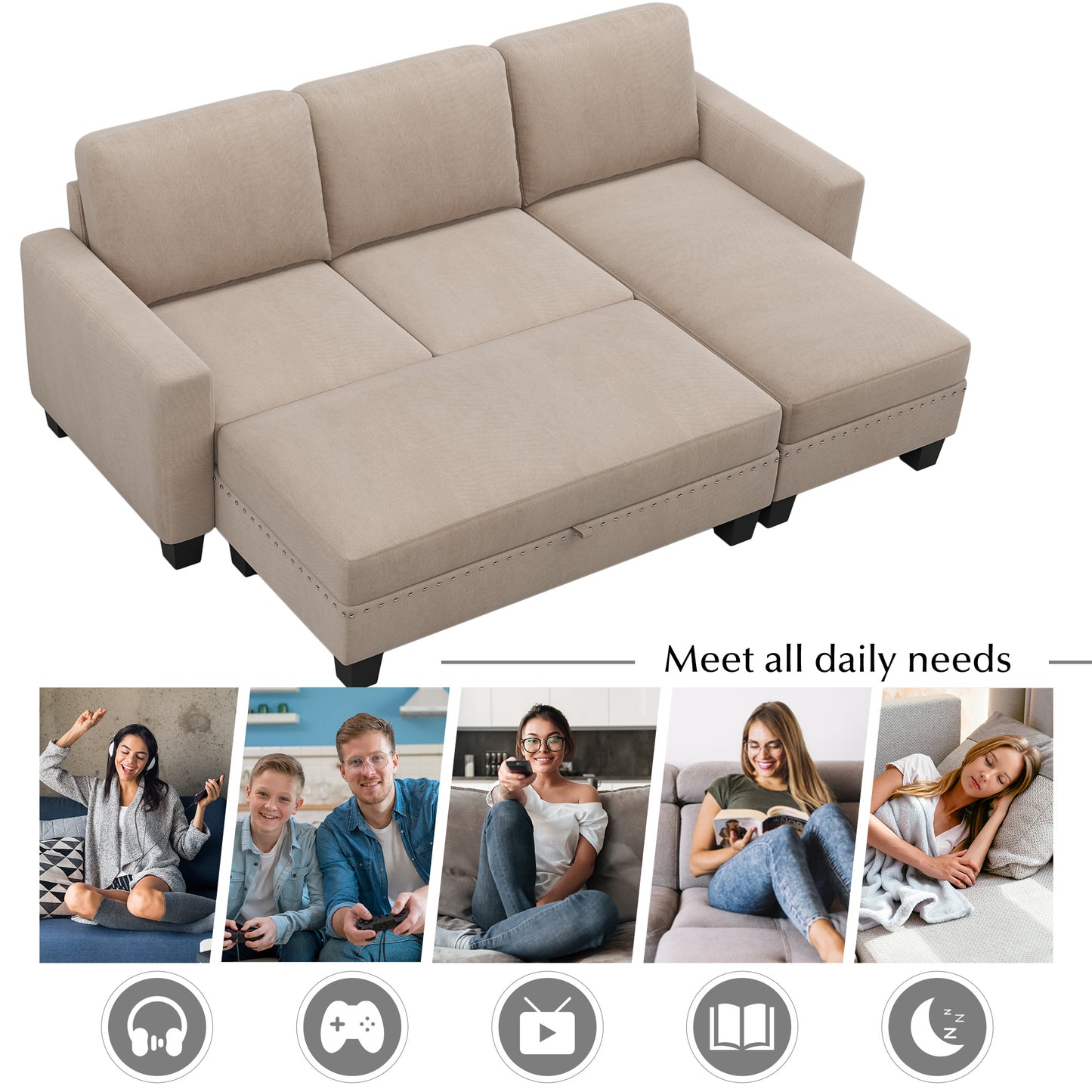 81"Reversible Sectional Couch with Storage Ottoman L-Shaped Sofa,Sectional Sofa with Chaise,Nailheaded Textured Fabric 3 pieces Sofa Set,Warm Grey