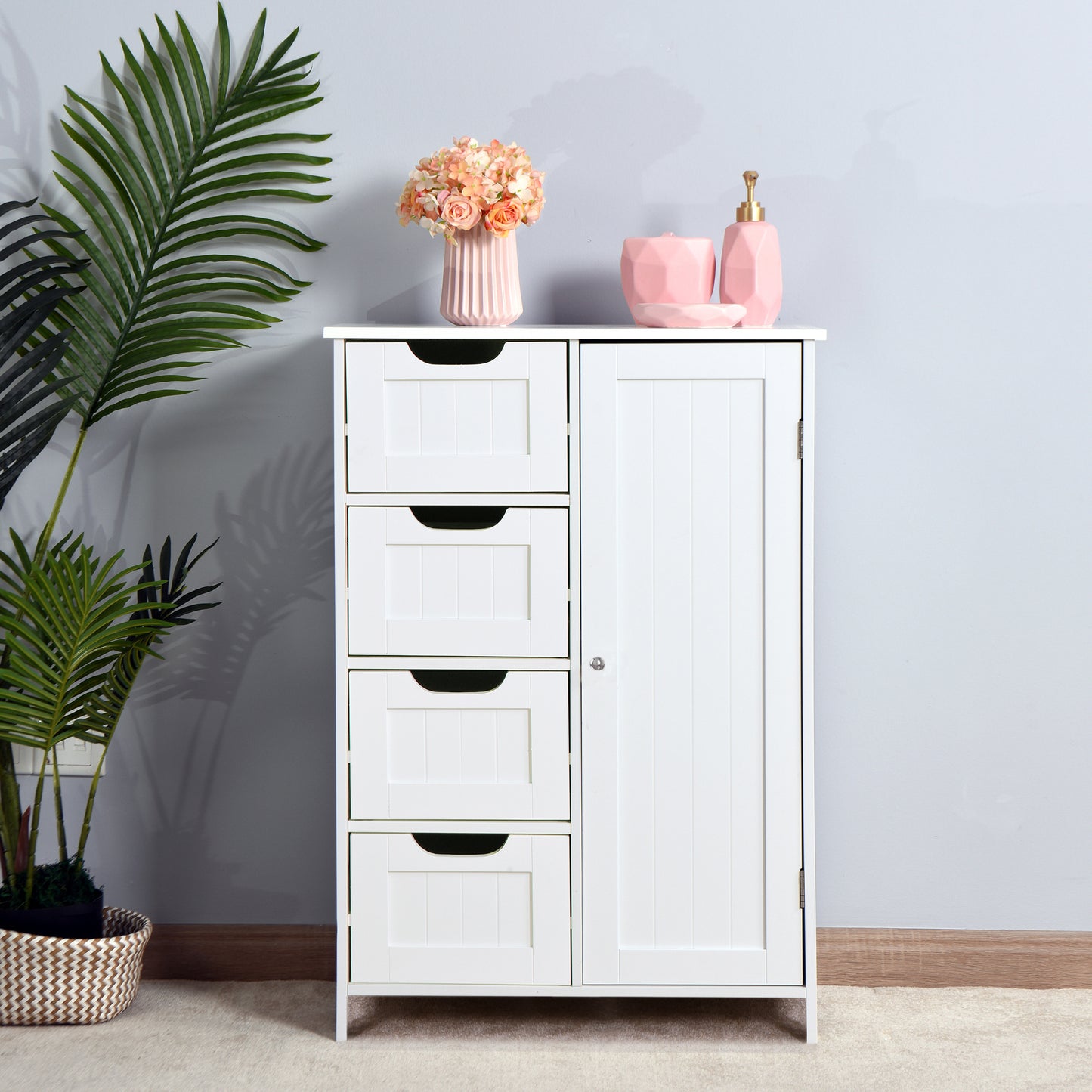 White Bathroom Storage Cabinet; Floor Cabinet with Adjustable Shelf and Drawers