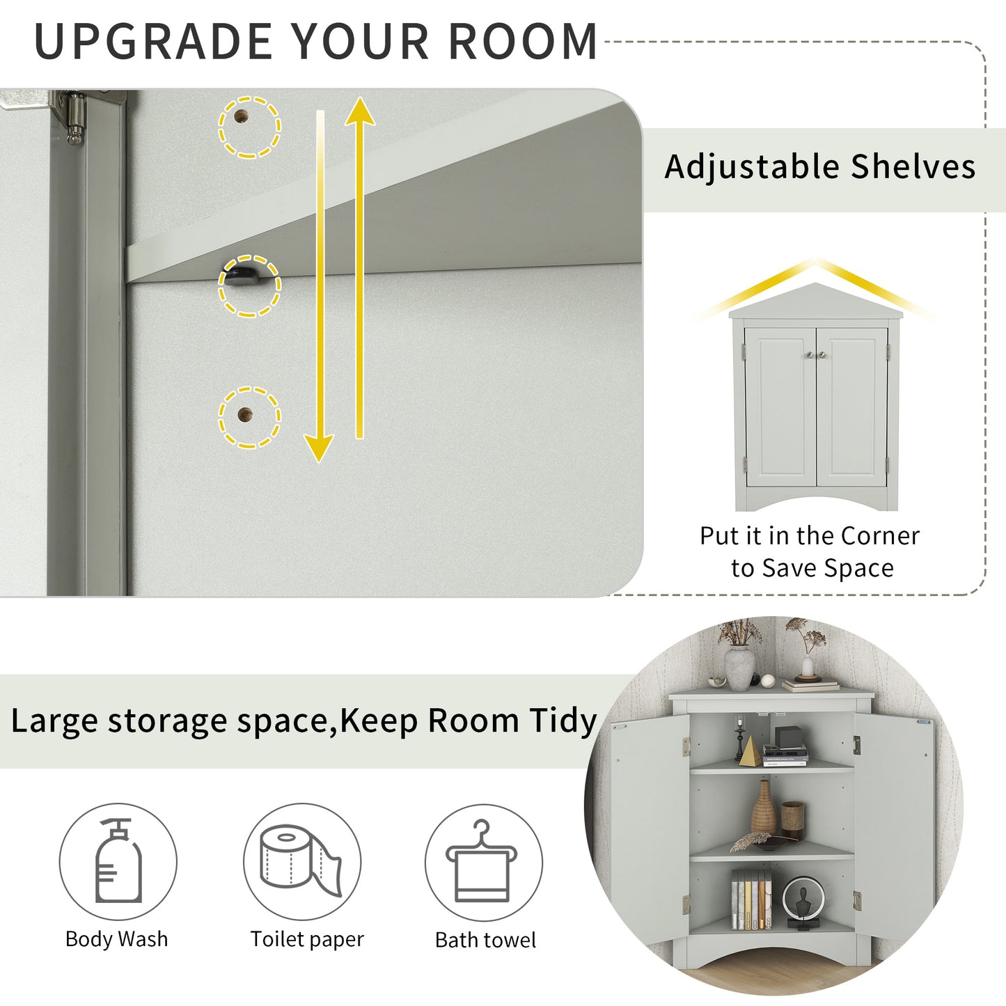 Triangle Bathroom Storage Cabinet with Adjustable Shelves;  Freestanding Floor Cabinet for Home Kitchen